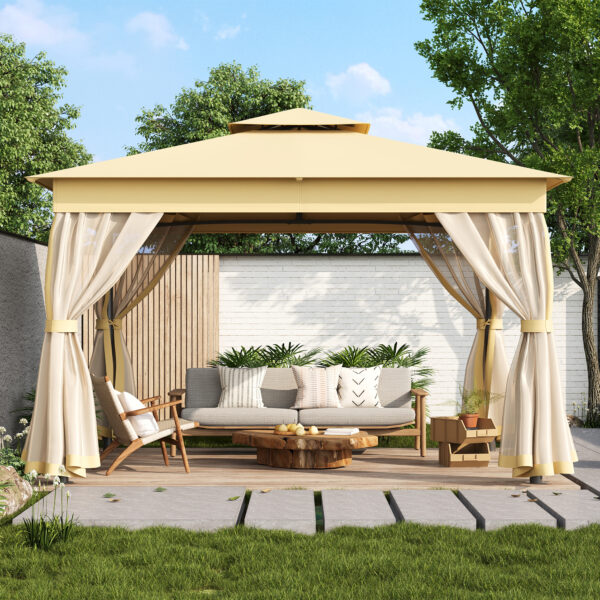 TREXM 10x12 Outdoor Gazebo Tent with Double Roofs, Patio Gazebo with Mosquito Netting, Patio Canopy for Backyard, Garden, Lawn and Deck (Beige)