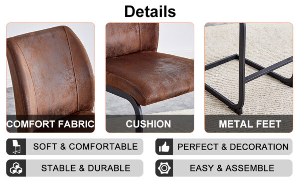 A set of two brown chairs, including suede cushions and black metal legs. Small size, suitable for select groups, suitable for dining room, kitchen, terrace and guest office chairs (set of 2)