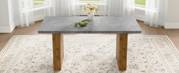 aa0e386a00444717aa62ecd1dbd711b4_cabf976fb57c96892e3482c7fceb509a Large modern rectangular table with cement-grey patterned top and large MDF legs for kitchen, dining and living room to give a different atmosphere to the home environment.
