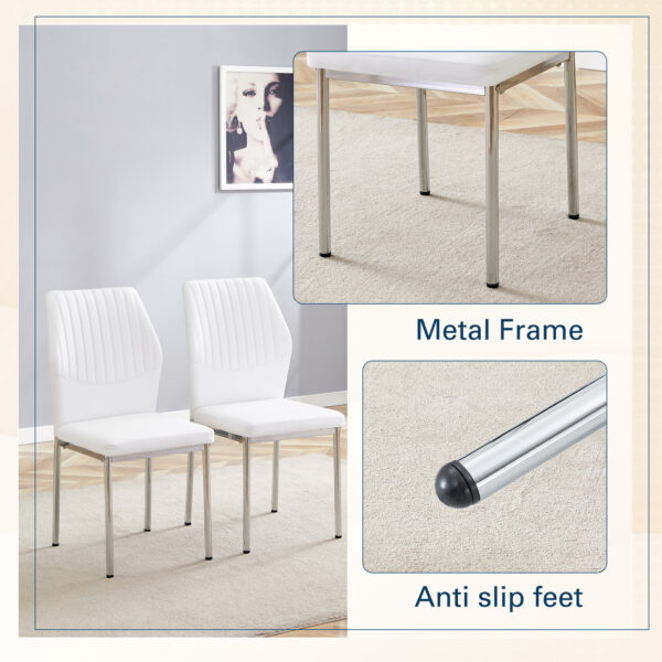 aa10f1f342db4983a3f518467bff166c_333e1a2e26ed6a72a35e7728fe707610 Luxury Simple Chair - Set of 6 White PU Material High Resilience Dining Chair with Metal Silver Leg.The Chair Back Has a Vertical Stripe Design With Smooth And Uniform Lines.