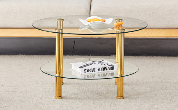 aa1b1f52c2664773b3e31cfbe0e1f039_3fdfcfc9b401473099990b7c6d917bfa Contemporary Minimalist Double Layer Tempered Glass Coffee Table - 27.5" Top and 23.6" Bottom.Reinforced Glass Tabletop,Stainless Steel Gold Plated Legs.