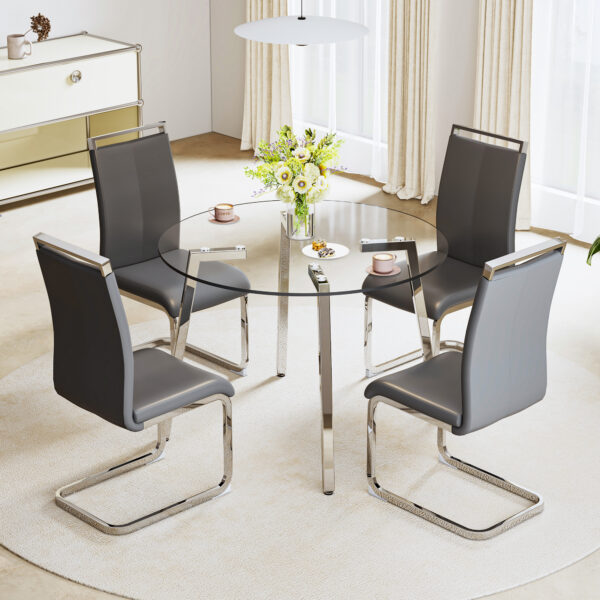 Modern minimalist style circular transparent tempered glass table, tempered glass tabletop, silver metal table legs, suitable for kitchen, dining room, and living room, 42 "* 42" * 29.5 "1123r