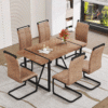 Table and chair set.A retro rectangular dining table with a wood color fishbone textured top and black metal legs.Paired With 6 Brown technology fabric chairs with Featuring arched black legs.