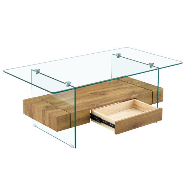 aa3fe6f352254259b243d8328f132fbd_9cc1403b8c3f0234539307d0aca3a302 43.3 Inch Modern Two-Tier Coffee Table - Clear Tempered Glass and Natural Wood Grain, Multifunctional Storage Design.The bottom tier includes a drawer.Can be used as a coffee table,side table,etc.
