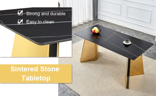 aa4135d955da4bdbbc28a05e9b561ce8_c04ed0d7594cb30336ad2cc593c329ec 63"x31.5x30" Black Marble-Patterned Slab Dining Table with Golden Stainless Steel Butterfly Legs.The tabletop is designed to be scratch and heat resistant.Slabs Tabletop,Golden Stainless Steels Legs.