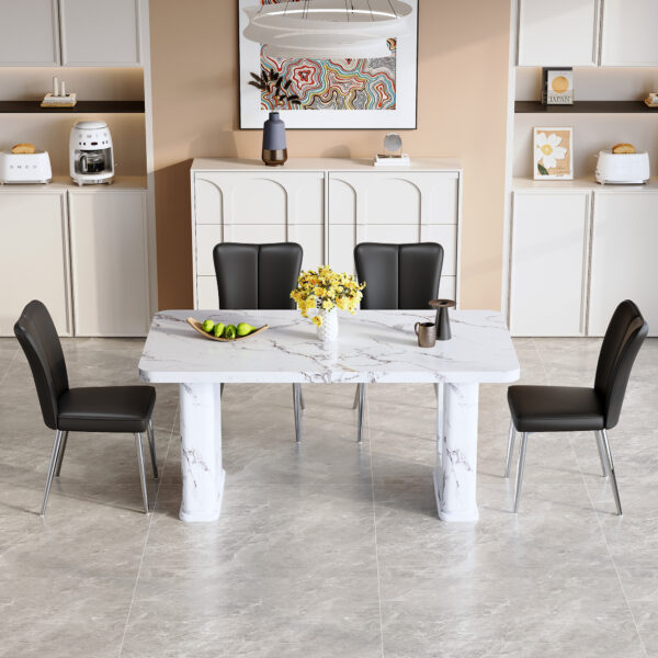 aa53e91d782942e899dd0027112d0dcb_d83acde6052846e17660620a31a1c5ed Table and chair set.64.5x35.4 Inch Stylish White Marble Textured Dining Table.Paried With 4 Black PU Chairs with a vertical stripe design on the backrest.Create Your Exclusive Low-Key Luxury Space.