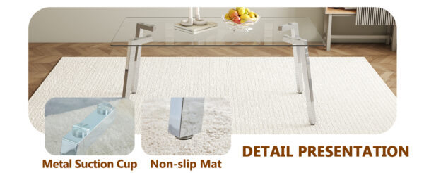 aa5cf7acdd034dce94b11e32941e3c08_8822c5a086132937f5b9ed517b6410cd Table and chair set.71 * 35.4 inch rectangular dining table.Tempered Glass Tabletop,Silver 7-shaped Metal Table Legs.Paried With 8 Dark Gray High-quality PU Chairs With Arched Metal Legs.