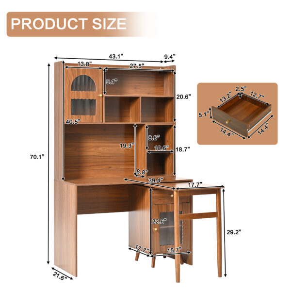 Computer Desk with 90 Degree Rotating Desktop, 43x70 Inch Office Desk with Storage Drawer and Cabinets, Gaming Desk with Shelves, Writing Desk for Study, Work Desk for Home Office Bedroom Living Room