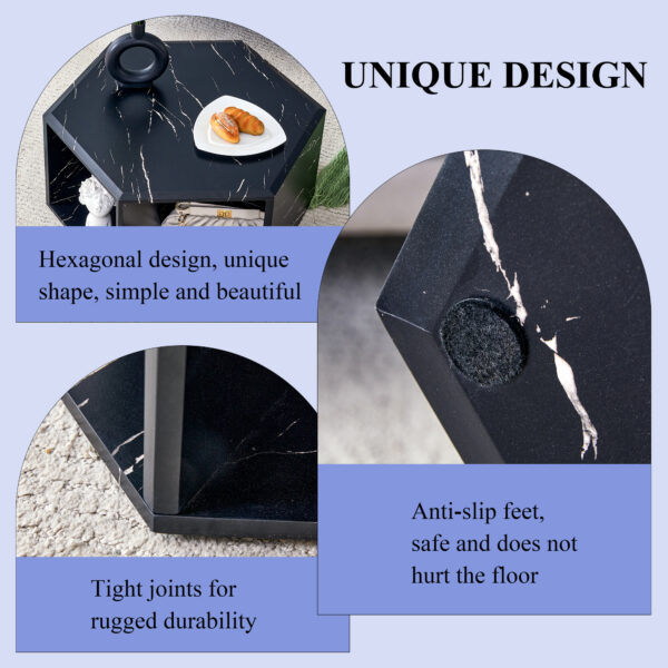 aa769a46f83b4261a2be0b826c69aef1_ec1ab659b41c771333f238992c100891 Modern Minimalist Black Hexagonal Coffee Table Set.Hexagonal MDF coffee table, characteristic pattern stickers, multi-hole design to give more storage space.Two coffee tables of different sizes.