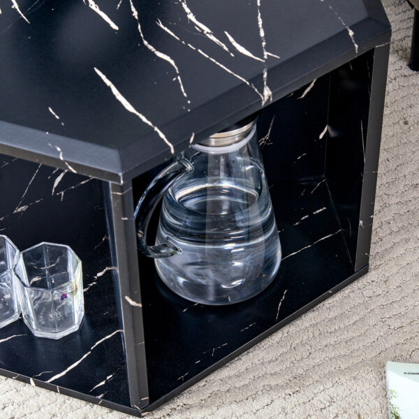 aa7f62eafc834e22ba8fe2792dec5c07_4a747f8e34824c0c8b04c787893089f7 Hexagonal MDF coffee table, characteristic pattern stickers, multi-hole design to give more storage space, simple and convenient design makes it suitable for all kinds of style scenes.