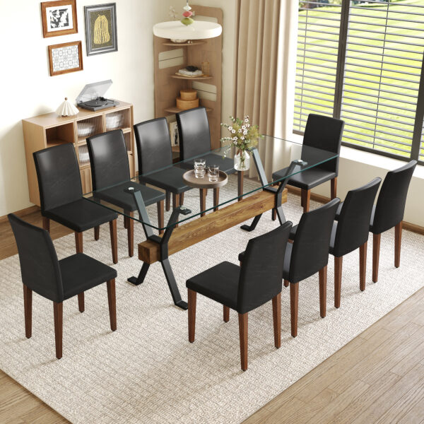 aaa2c7b7e6d6413db83ce20ef97b6c6d_22771db964e3ff5a7000b4e18d06cee5 Table and chair set.79"x31.5" Inch Tempered Glass Tabletop With X-shaped Black Metal Table Legs,Wood Grain Textured MDF Crossbeam.Paired With 10 Black PU Dining Chairs with Walnut Color Metal Leg.
