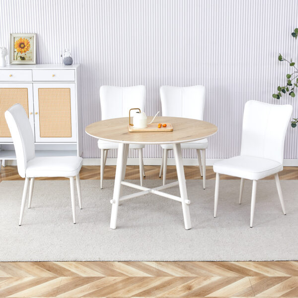 aaaf3a2974bd4dddbb15147f21b1496d_c3cff95ea843759f8b8cffb130056571 Table and chair set, MDF desktop, white metal table legs, stable and beautiful, suitable for most styles of home. Modern simple dining table, comfortable seating.