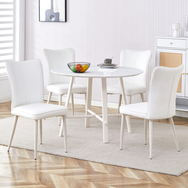 aab13f98db224c92a8df8910b1bd781d_e64c431a6bd2a09c155fa8bc63ea016f Table and chair set, MDF desktop, white metal table legs, stable and beautiful, suitable for most styles of home. Modern simple dining table, comfortable seating.