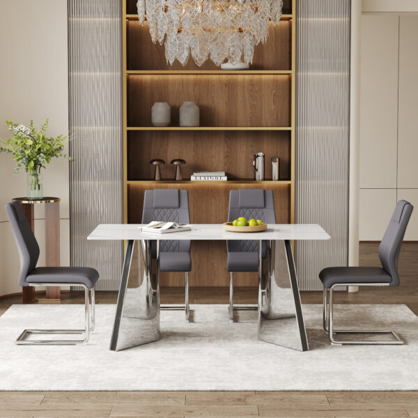 aac2dd37cdd843de94ed2fa981fd7ea0_3ff76f315eff72d167b9f6eb86cfcd06 Table and chair set.63"x31.5x30" Luxurious Snow Mountain Patterned Sintered Stone Table with Silver Metal Butterfly Legs.Paried With 4 Dark Gray High-quality PU Chairs With Arched Metal Legs.