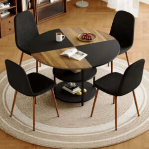 Table and chair set.A 47.3-inch diameter modern splicing circular dining table - double-layer storage.Paired With 4 Black Linen-Cotton Material High Resilience Dining Chair with Metal Walnut Leg.