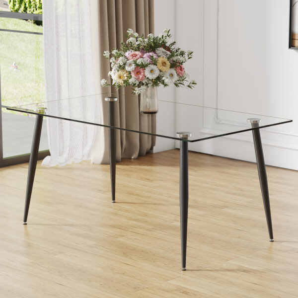 Modern rectangular glass dining table for 4-6 people with tempered glass top and black metal legs, writing desk for kitchen, dining room and living room.