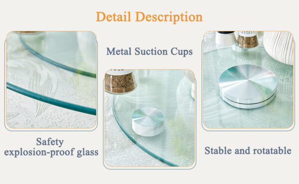 ab20e24e191c4b59b6e3a3d76a6e8468_91322e166bd0aed352ef8a9ade584339 Double layer rotatable round glass.The rotatable design makes it more convenient to retrieve and place items.The upper glass has a diameter of 20 inches, while the lower glass15 inches.