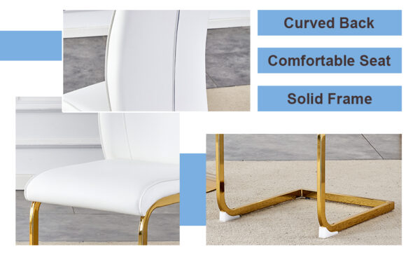 ab36fa4f96e54d418fd325719f26a61d_be89fa92a6de16f76c30b5bb24b043c8 Luxury Simple Arch Chair - Set of 6 White PU Material High Resilience Dining Chair with Arched Metal Gold Leg.