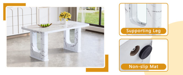 ab3c8114691344018ba9df5e2e3c3920_12623388b970833906f3c5131fc3ec39 Table and chair set.64.5 x 35.4 Inch Stylish White Marble Textured Dining Table,Perfectly Blending Simplicity And Transparency.Paried With 6 Black High-quality PU Chairs With Silver Arched Metal Legs.