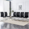 Luxury Simple Arch Chair - Set of 6 Black PU Material High Resilience Dining Chair with Arched Metal Silver Leg.