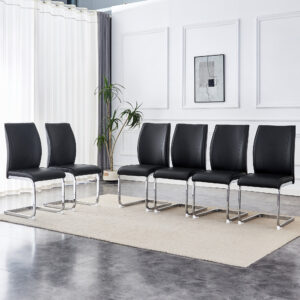 Luxury Simple Arch Chair - Set of 6 Black PU Material High Resilience Dining Chair with Arched Metal Silver Leg.