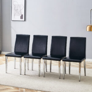 Four Black PU dining chairs,Silver Metal Legs.Simple and versatile, comfortable and accompanied. Exquisite and versatile dining chairs unlock a comfortable new experience.(Set of 4)