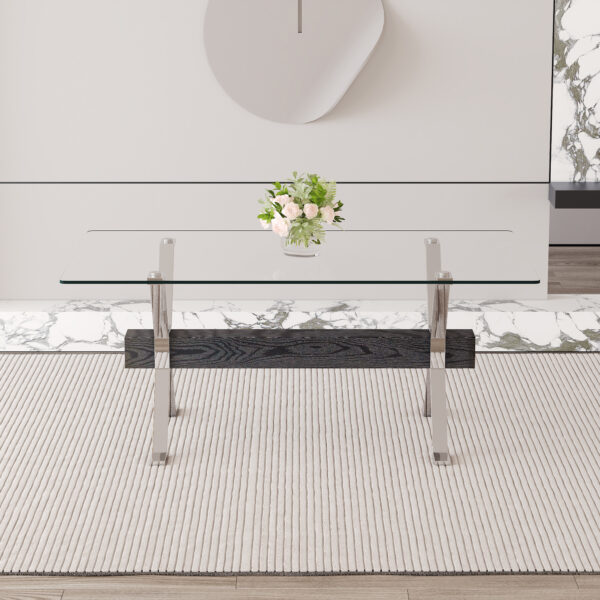 ab5c091396844b1b9809929e9ae7fbc6_49310e9f2301361ba1fffcd169e92658 Dining table. Modern tempered glass dining table. Large modern office desk with silver plated metal legs and black MDF crossbars, suitable for both home and office use. Kitchen. 71 ''x35.4''x30 ''