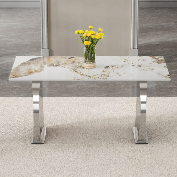 ab5f2dda2b0841dcbccf6f3bb3ee6c70_521ac1546faa1b51b194a1e218daf5e3 Modern rectangular dining table, imitation marbled rock plate table top, stainless steel table legs, suitable for kitchen, dining room, living room 63 inches * 31.4 inches.