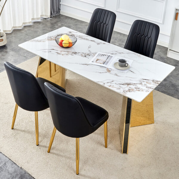 ab65af1709b04d9db4d24ce58c3e35c9_66d506aa5ec7f504bef5fe125f1b4b48 Table and chair set.63"x31.5x30" Luxurious Cold Jade Patterned Sintered Stone Table with Golden Stainless Steel Legs.Paried With 4 Black PU Chairs with Simple Line Designs On The Backrest.