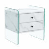 Double-drawer bedside table. The board surface is MDF sticker, and both sides are transparent tempered glass. The design is simple and elegant, with excellent storage functions.