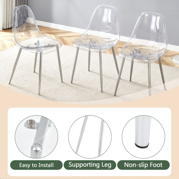 ab71fa7330ec41eca6f2512fba2b623e_4f8afdbc401d1d314888a0e263598f2c Transparent and stylish ergonomic dining chair unlocks a new experience of lightweight fashion, comfort, and stability. Transparent seat cushion, silver metal legs. One box of three.