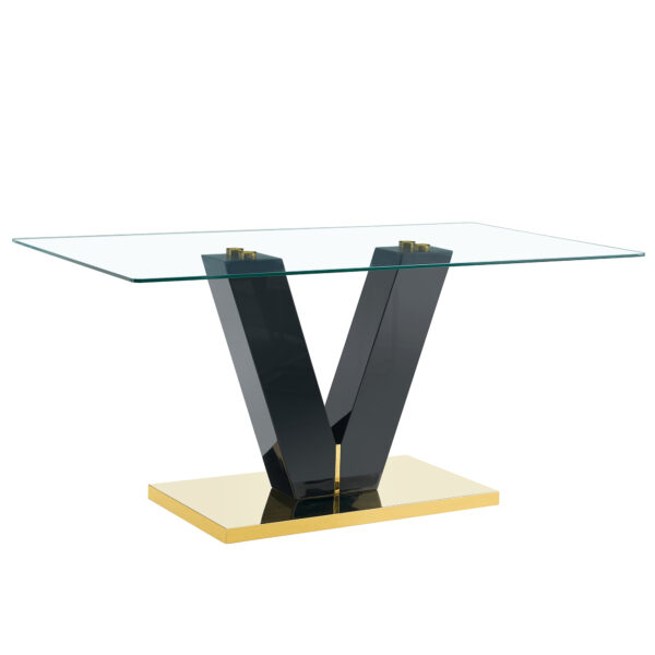 Large Modern Minimalist Rectangular Glass Dining Table for 6-8 with 0.4" Tempered Glass Tabletop and MDF slab V-Shaped Bracket and metal base,For Kitchen Dining Living Meeting Room Banquet Hall F-V