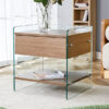 Bedside table with drawers. The board surface is MDF sticker, and both sides are transparent tempered glass. The design is simple and elegant, with excellent storage functions.