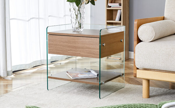 ab8a450a839e4efe85ca7e9ccf6501b5_8b970707340e7e1ec5a96522630b67d5 Bedside table with drawers. The board surface is MDF sticker, and both sides are transparent tempered glass. The design is simple and elegant, with excellent storage functions.