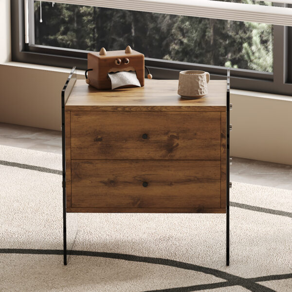 ab9edc0300b048048bd77634612f6e55_356ddd6004a69b609590a29d647e1614 Double-drawer bedside table. The board surface is MDF sticker, and both sides are transparent tempered glass. The design is simple and elegant, with excellent storage functions.