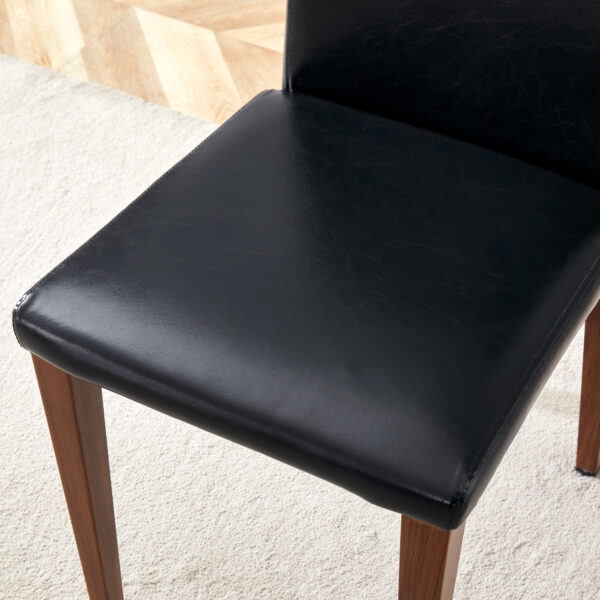 aba6c0d0c312499899e1787e23ef5015_f85453b951bb9f3eb28240e43c0b9029 Table and chair set.64.5 x 35.4 Inch Stylish Wood Color Textured Dining Table.Perfectly Blending Simplicity And Transparency.Paried With 4 Black PU Dining Chairs with Walnut Color Metal Leg.