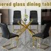 Table and chair set.Modern Luxurious Transparent Tempered Glass Dining Table Set with 6 Chairs.Single Fork Golden Metal Table Legs.Black high-quality PU dining chairs with golden metal legs.