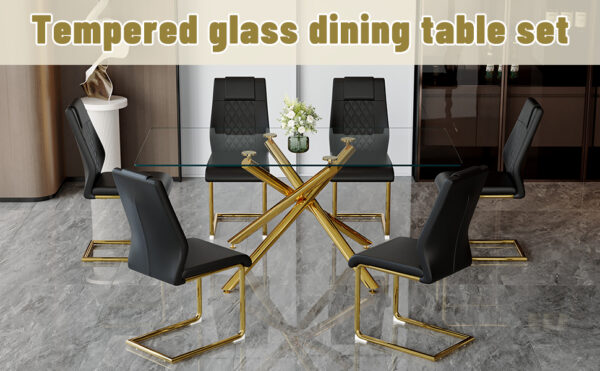 abae4fa745a44f82903c509bac718275_be0f64f558425d4bcb3d986dadd8e873 Table and chair set.Modern Luxurious Transparent Tempered Glass Dining Table Set with 6 Chairs.Single Fork Golden Metal Table Legs.Black high-quality PU dining chairs with golden metal legs.