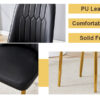 Table and chair set.63"x31.5x30" Luxurious Cold Jade Patterned Sintered Stone Table with Golden Stainless Steel Legs.Paried With 4 Black PU Chairs with Simple Line Designs On The Backrest.