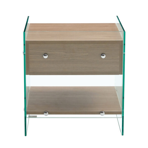 ac072e865a114af9bd3be8cee1d459e1_aa44498118f9ef3036a7f5617d3bb763 Bedside table with drawers. The board surface is MDF sticker, and both sides are transparent tempered glass. The design is simple and elegant, with excellent storage functions.