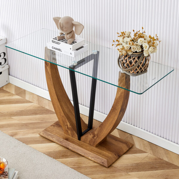 ac1bbea464884f2797c3ee8292c5bf2f_c1121e79ddb0ab1836c3349a7daffa4b Modern minimalist rectangular glass table with 0.39 "tempered glass top and MDF wood grain sticker legs, suitable for entrance and living room.