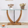 Modern minimalist rectangular glass table with 0.39 "tempered glass top and MDF wood grain sticker legs, suitable for entrance and living room.