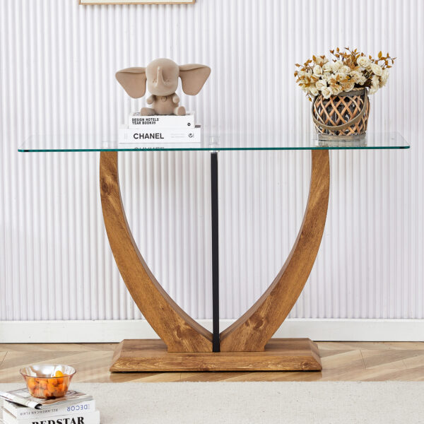 ac41de24c2e84c50a8dc578910d9163f_c87ea838bf018c2fc29198fad2e15178 Modern minimalist rectangular glass table with 0.39 "tempered glass top and MDF wood grain sticker legs, suitable for entrance and living room.
