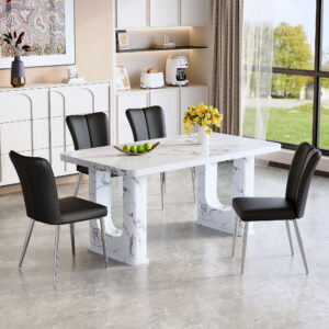 Table and chair set.64.5x35.4 Inch Stylish White Marble Textured Dining Table.Paried With 4 Black PU Chairs with a vertical stripe design on the backrest.Create Your Exclusive Low-Key Luxury Space.
