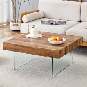 Natural Style Square MDF Coffee Table - 31.5"x31.5" with Tempered Glass Legs.Density Board Sticker,Reinforced Glass.