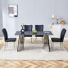 Table and chair set.63"x31.5x30" Black Marble-Patterned Slabs Tabletop with Stainless Steel Butterfly Legs.Paired with 4 Black PU dining chairs with a vertical stripe design on the backrest.