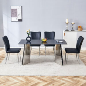 Table and chair set.63"x31.5x30" Black Marble-Patterned Slabs Tabletop with Stainless Steel Butterfly Legs.Paired with 4 Black PU dining chairs with a vertical stripe design on the backrest.