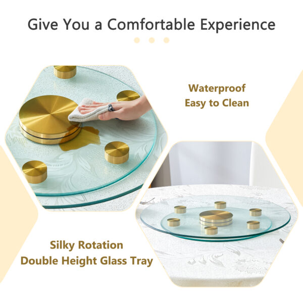 ac957f2e4be949e9b15a9e0aefd44a7a_757fe45c14f1e96688e794e37571fd24 Double layer rotatable round glass.Golden aluminum plate,The rotatable design makes it convenient to retrieve and place items.The upper glass has a diameter of 20 inches,the lower glass15 inches.