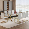 Table and chair set.Elegant Transparent Tempered Glass Dining Set - 71"x35.4" with 8 Light Gray PU Chairs with golden C-tube metal leg.X-shaped Golden Metal Table Legs,Black Textured MDF Crossbeam.