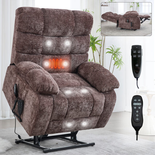 Lift Recliner Chair Heat Massage Dual Motor Infinite Position Up to 350 LBS Large Electric Power Lift Recliners with Power-Remote, Medium-firm and Heavy duty, Brown
